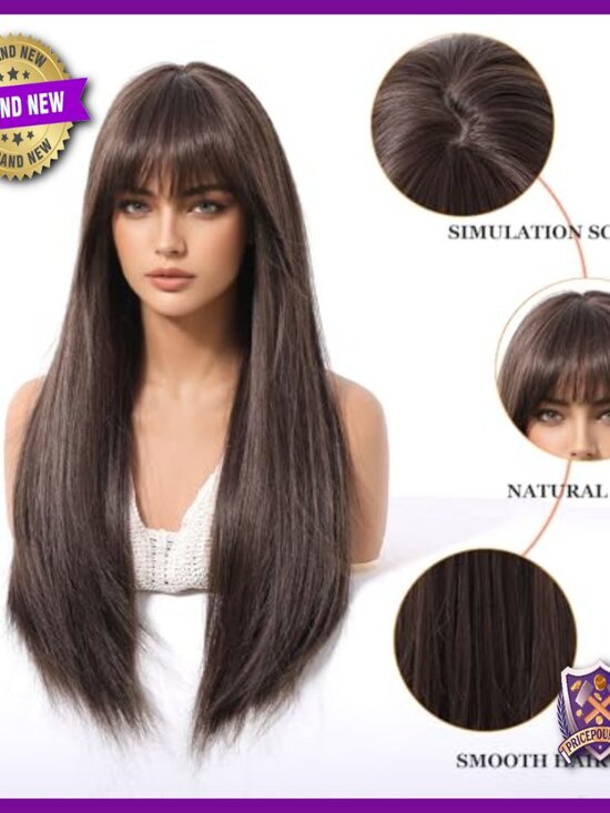 26 Inch Human Hair Wig Straight Layered Bangs Lightweight Natural Look